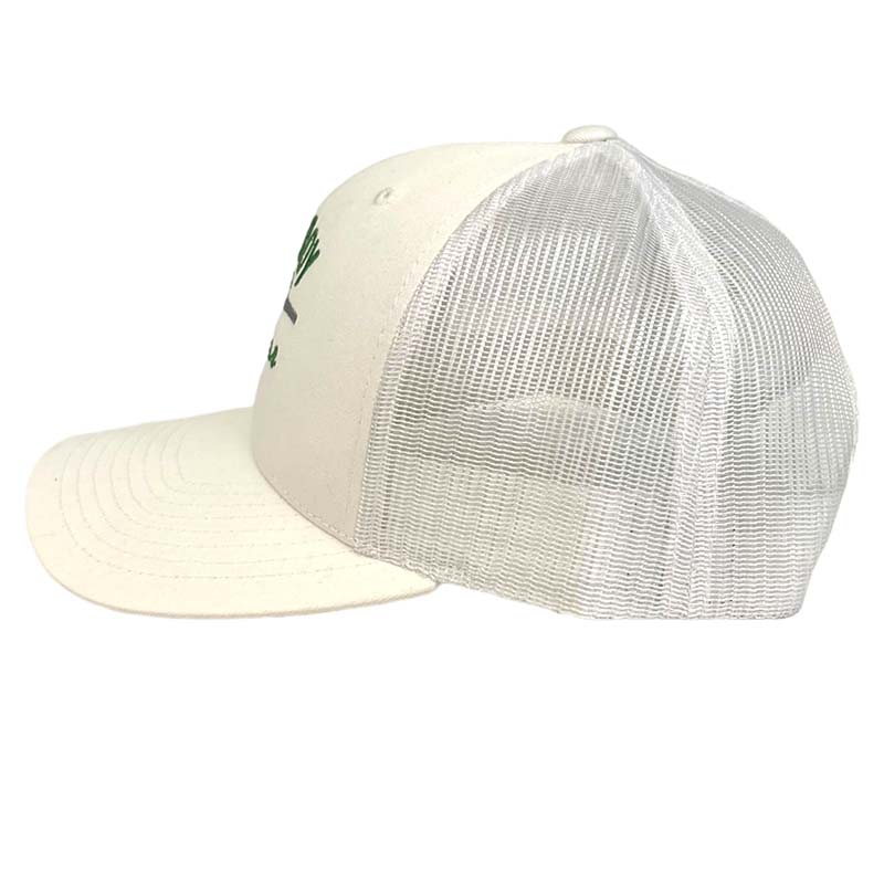 side view of local boy outfitters white luck duck trucker hat