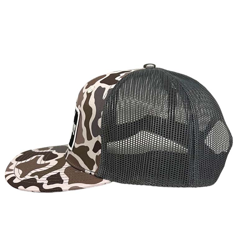 side view of local boy outfitters localflage camo wild west trucker hat