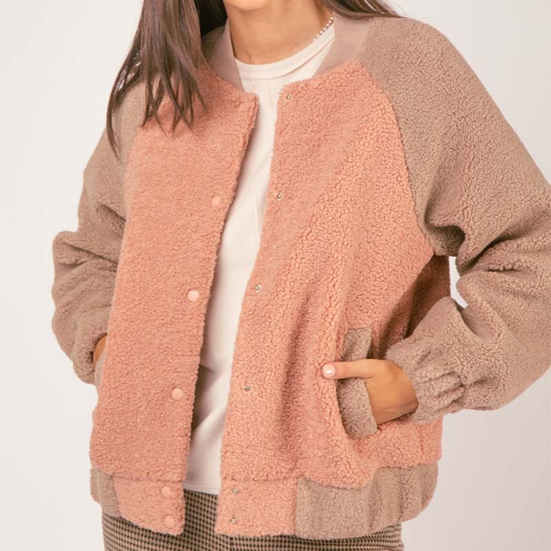 Color Block Fleece Bomber Jacket in Cocoa