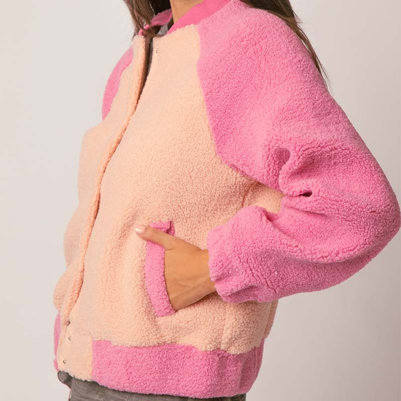 Color Block Fleece Bomber Jacket in Pink