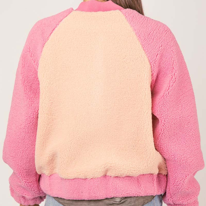 Color Block Fleece Bomber Jacket in Pink