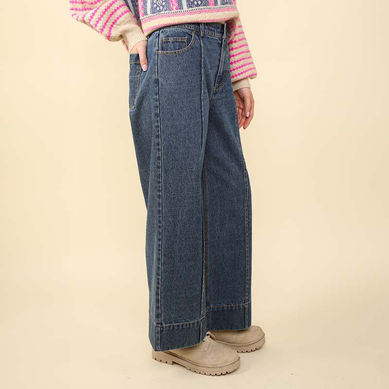 Wide Leg Seam Detail Denim Pants