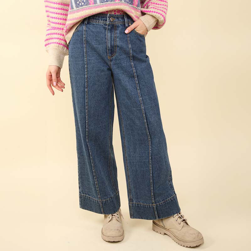 Wide Leg Seam Detail Denim Pants