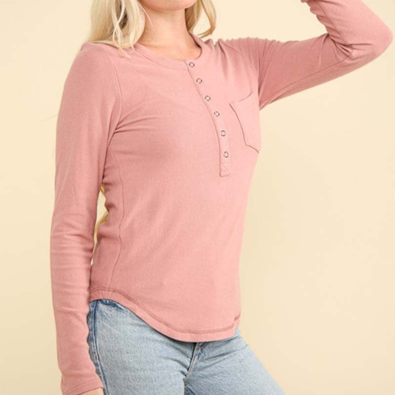 Jersey Lightweight One Pocket Henley Top in Blush