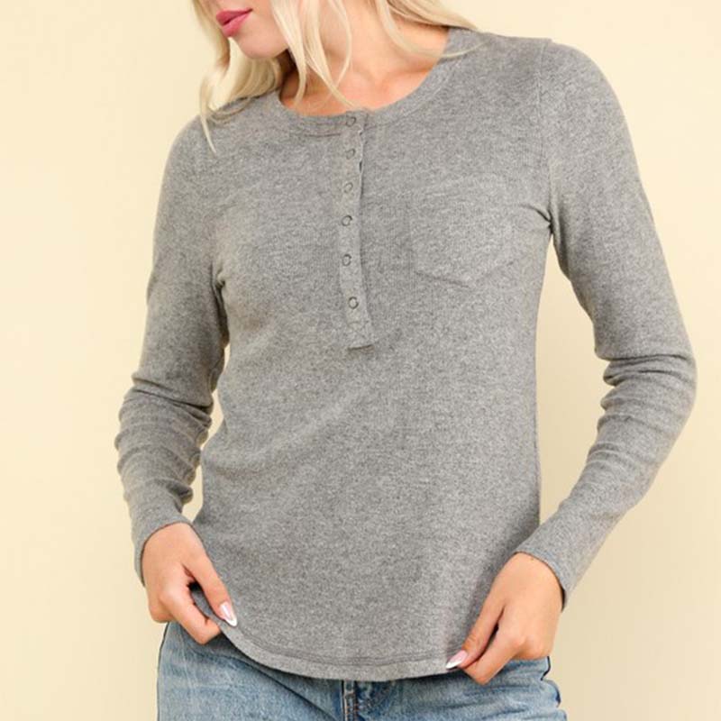 Jersey Lightweight One Pocket Henley Top in Heather Grey