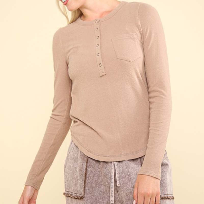 Jersey Lightweight One Pocket Henley Top in Taupe