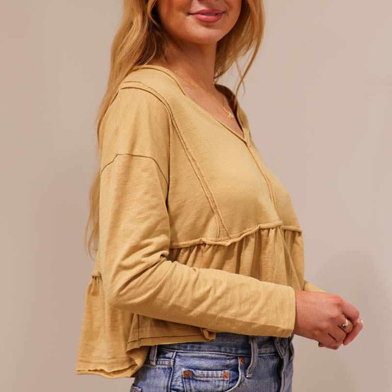 Babydoll Long Sleeve Crop Top in Taupe