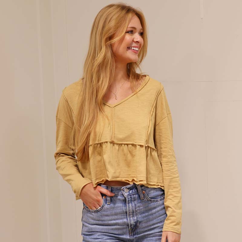 Babydoll Long Sleeve Crop Top in Taupe