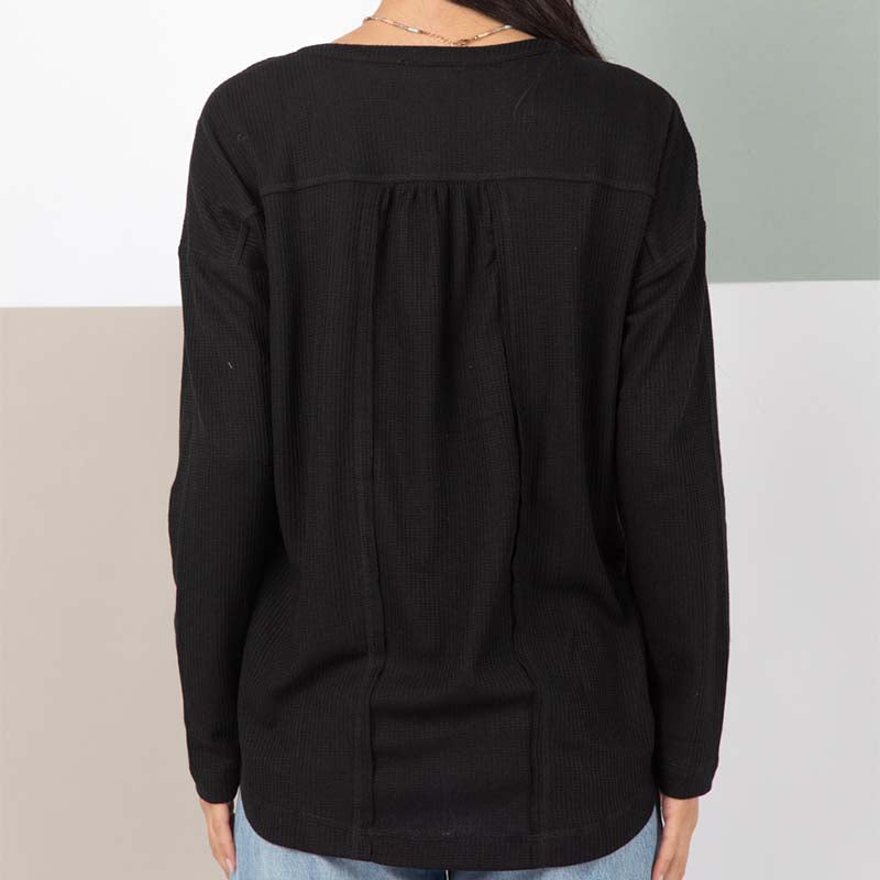 Babydoll Long Sleeve Henley in Black