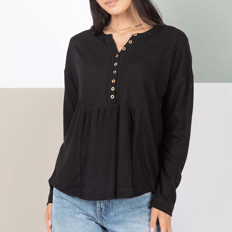 Babydoll Long Sleeve Henley in Black