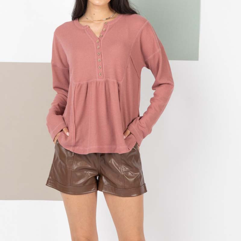 Babydoll Long Sleeve Henley in Brick