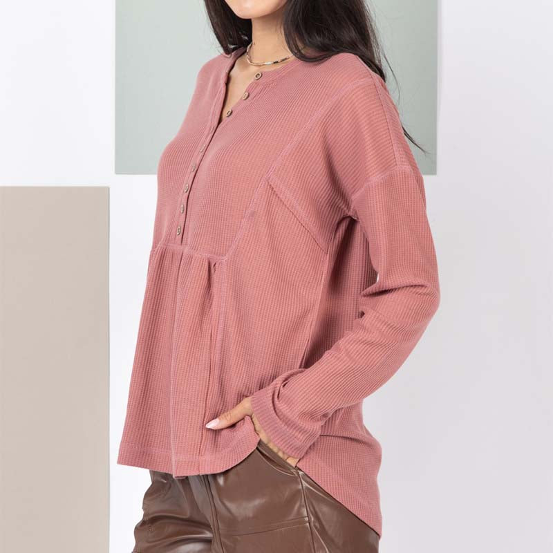 Babydoll Long Sleeve Henley in Brick