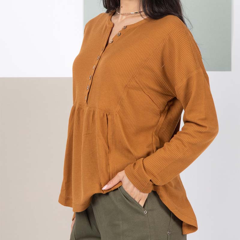 Babydoll Long Sleeve Henley in Camel