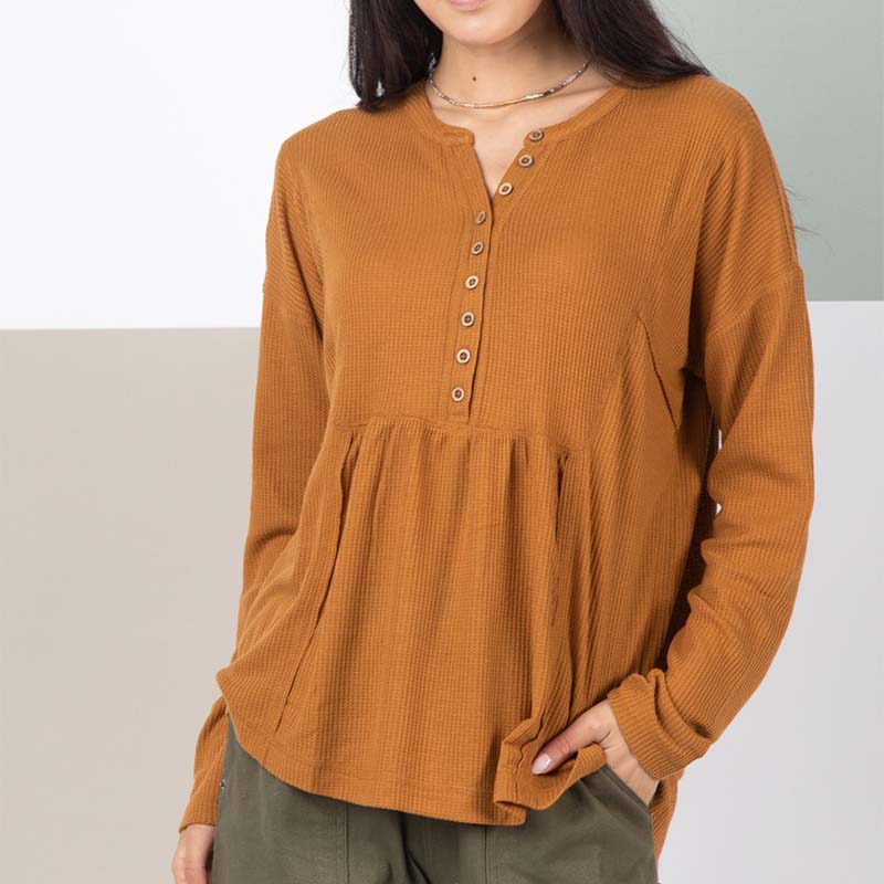 Babydoll Long Sleeve Henley in Camel