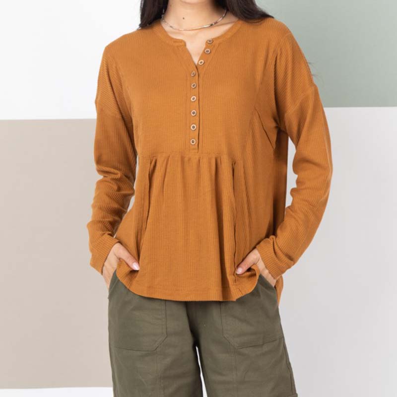 Babydoll Long Sleeve Henley in Camel