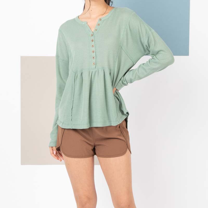 Babydoll Long Sleeve Henley in Sage