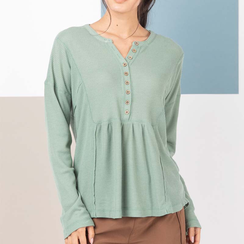 Babydoll Long Sleeve Henley in Sage