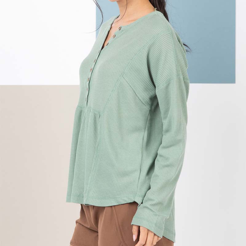 Babydoll Long Sleeve Henley in Sage