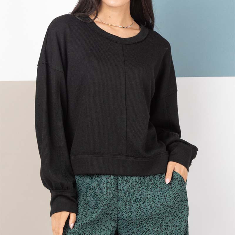 Ribbed Square Back Long Sleeve Pullover Top in black