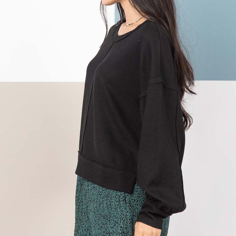 Ribbed Square Back Long Sleeve Pullover Top in black