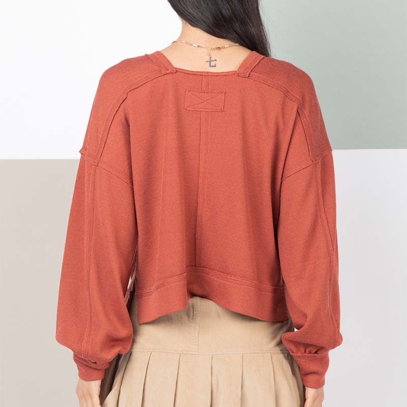 Ribbed Square Back Long Sleeve Pullover Top in rust