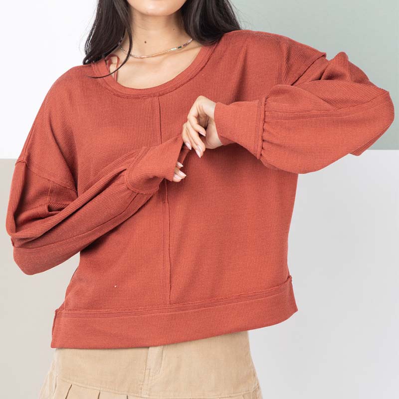 Ribbed Square Back Long Sleeve Pullover Top in rust