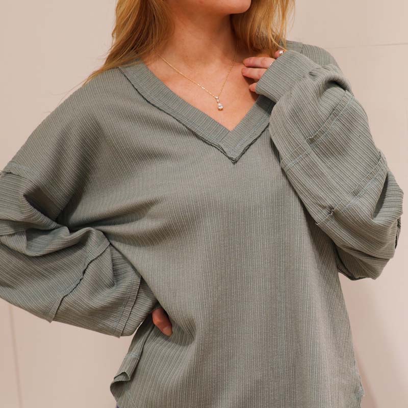 V-Neck Balloon Long Sleeve T-Shirt in Sage