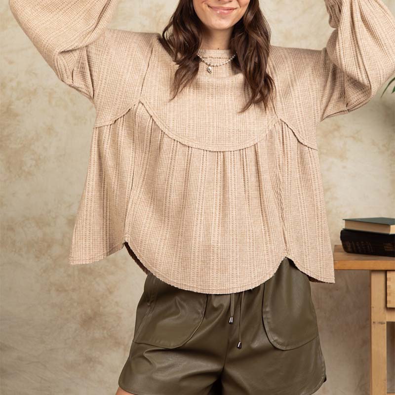 Waffle Knit Long Sleeve Babydoll Top in Oatmeal