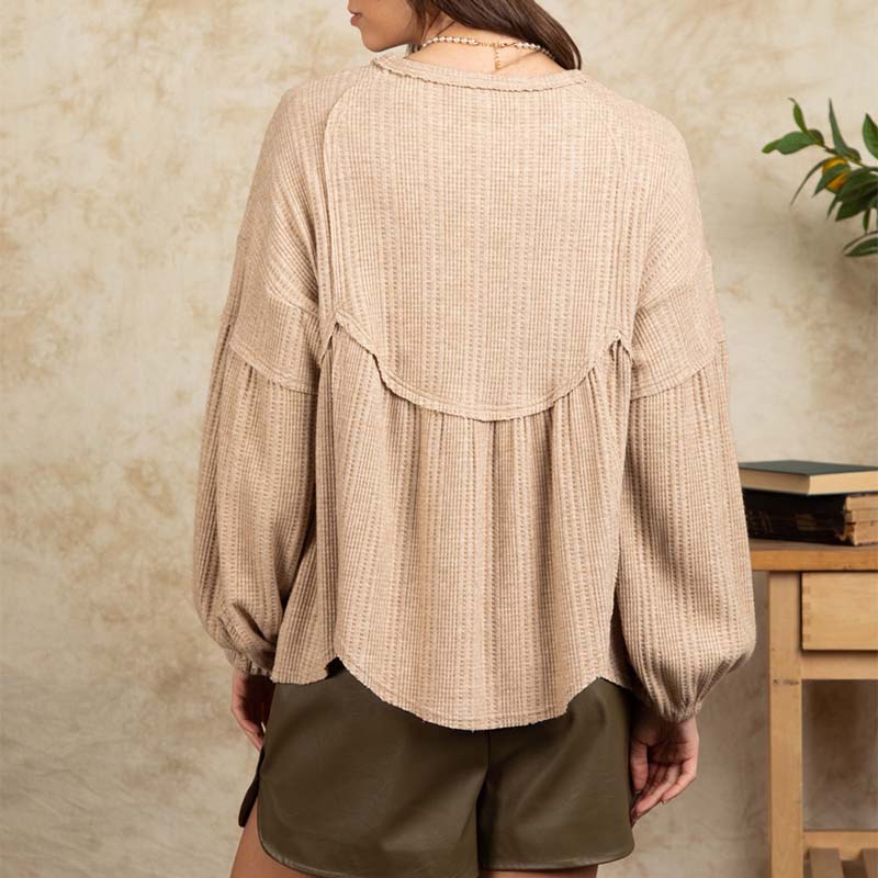 Waffle Knit Long Sleeve Babydoll Top in Oatmeal