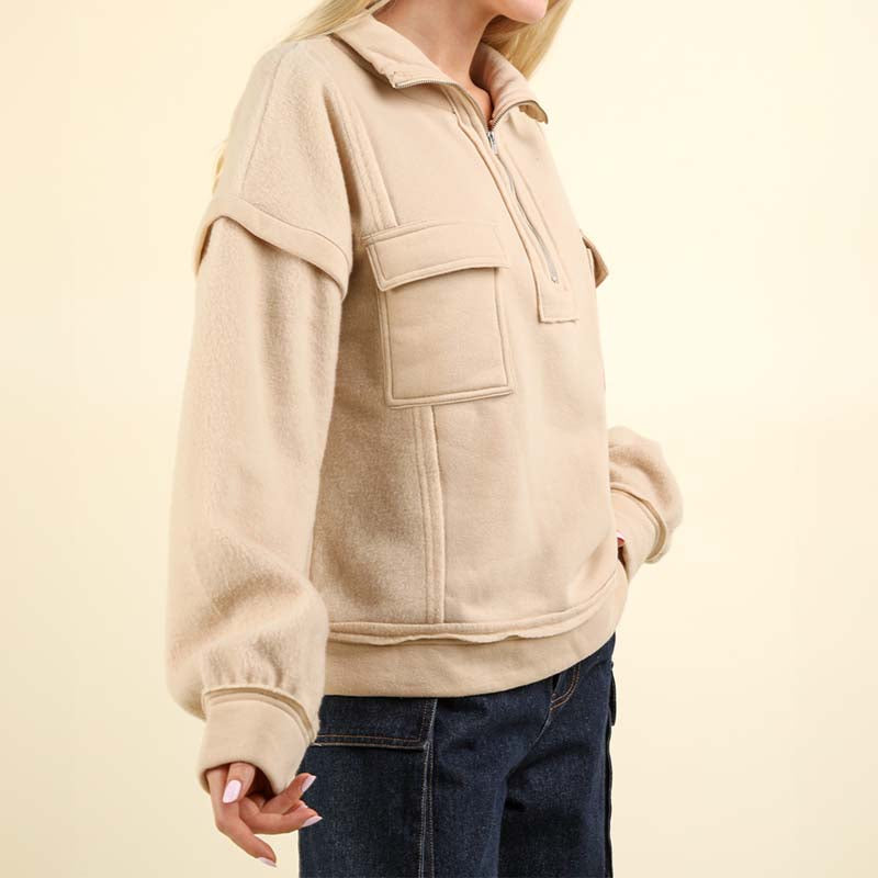 Two Pocket Quarter Zip Pullover in Cream