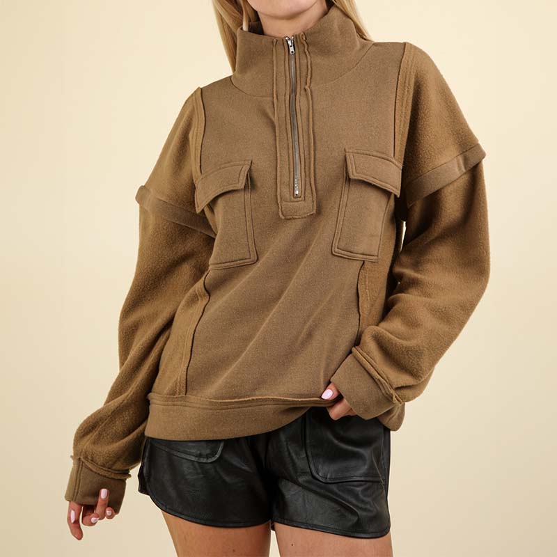 Two Pocket Quarter Zip Pullover in Mocha