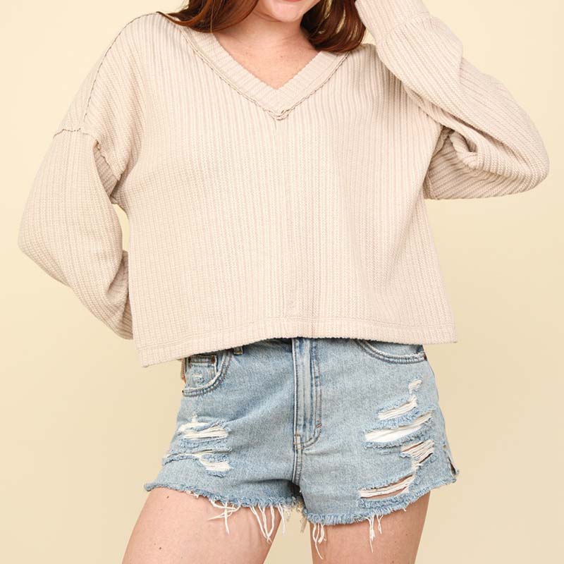 V-Neck Ribbed Cut Sew Sweater in Ecru