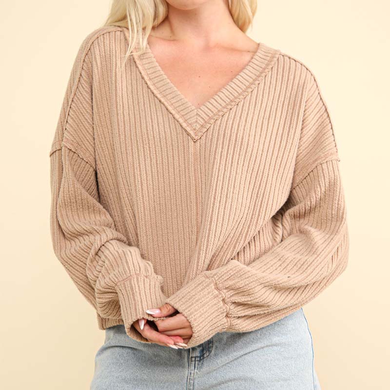 V-Neck Ribbed Cut Sew Sweater in Mocha