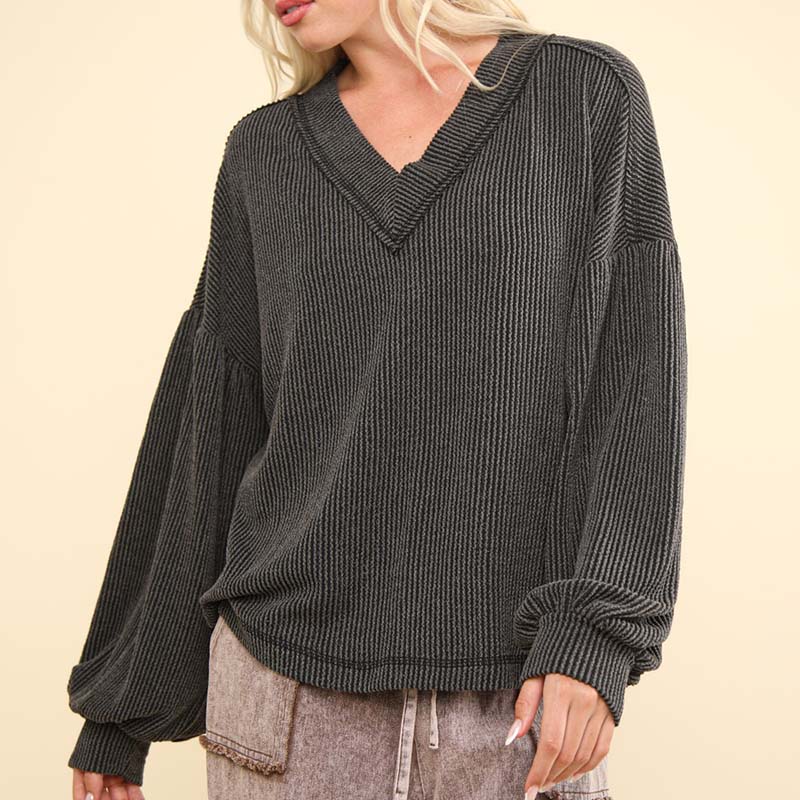 Ribbed V-Neck Oversized Long Sleeve Knit Top in Charcoal