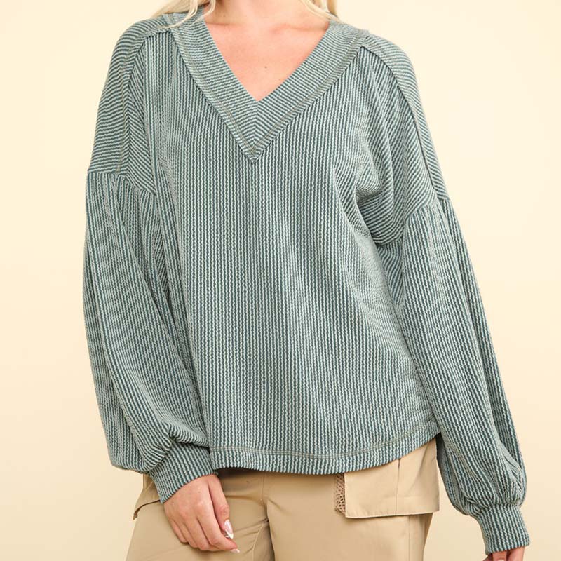 Ribbed V-Neck Oversized Long Sleeve Knit Top in Moss