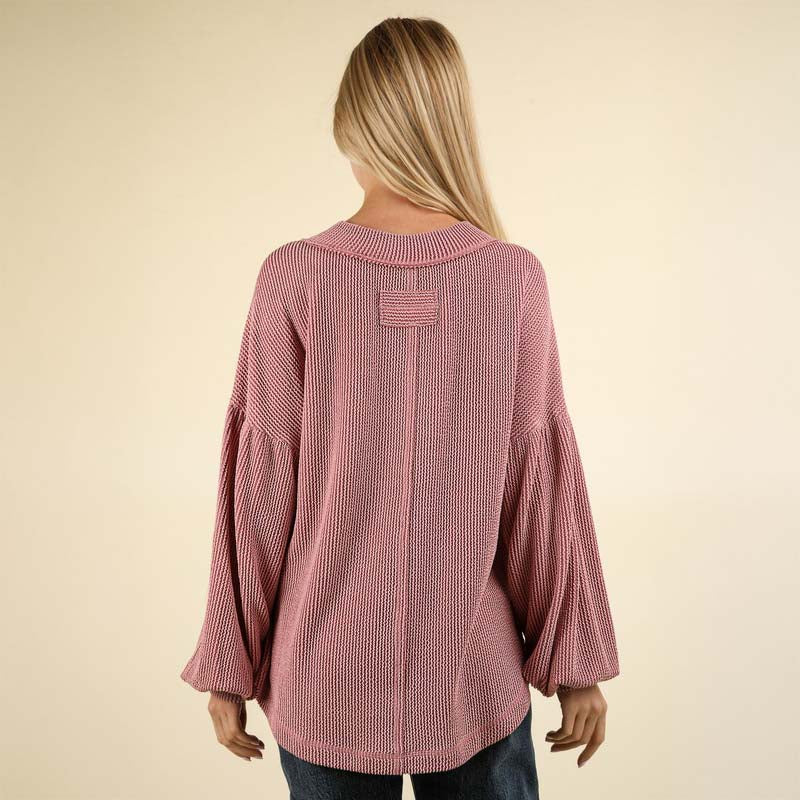 Ribbed V-Neck Oversized Long Sleeve Knit Top