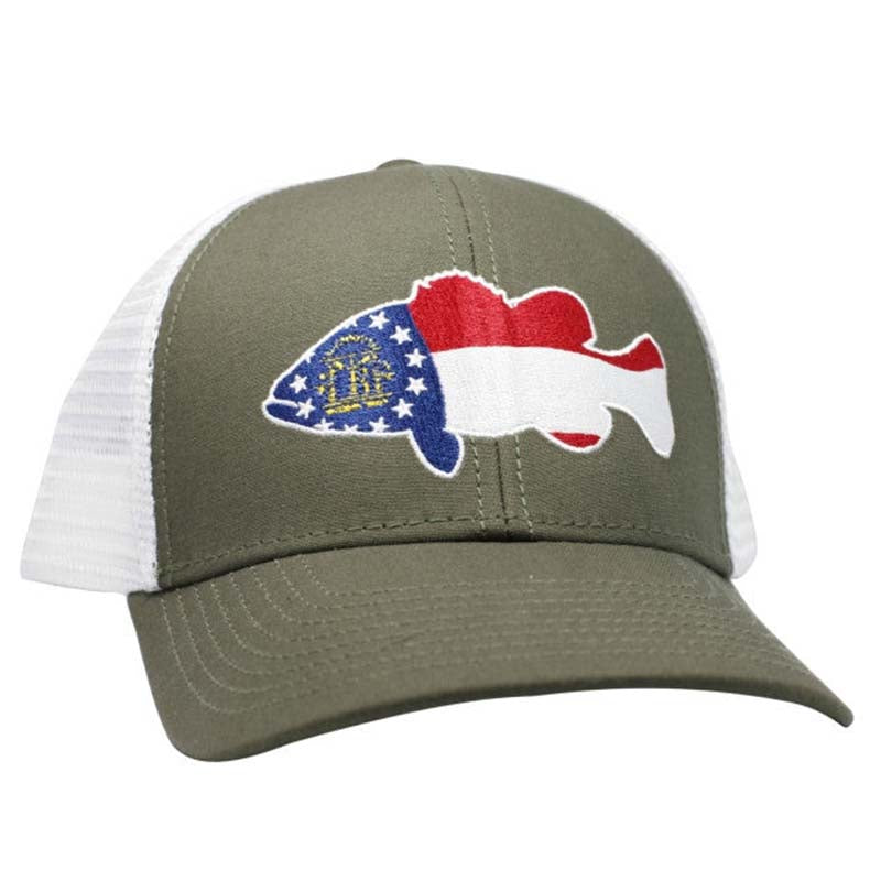 Large Mouth Bass Flag Mesh Back Trucker in Olive