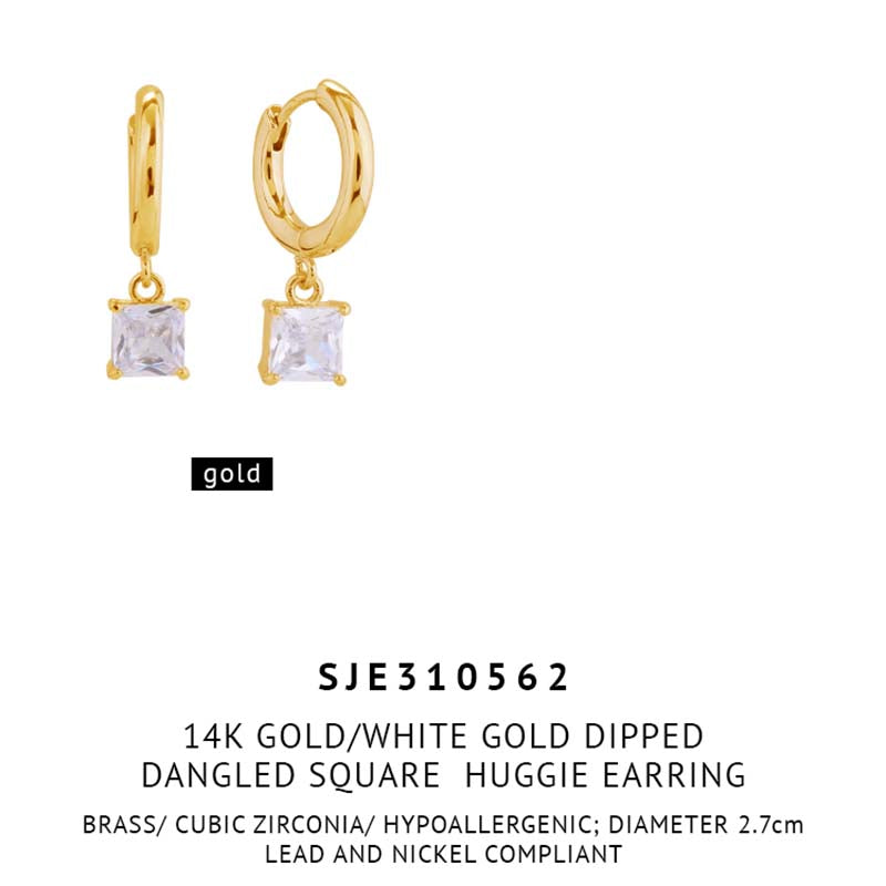 Gold Huggie With Square Drop Earrings