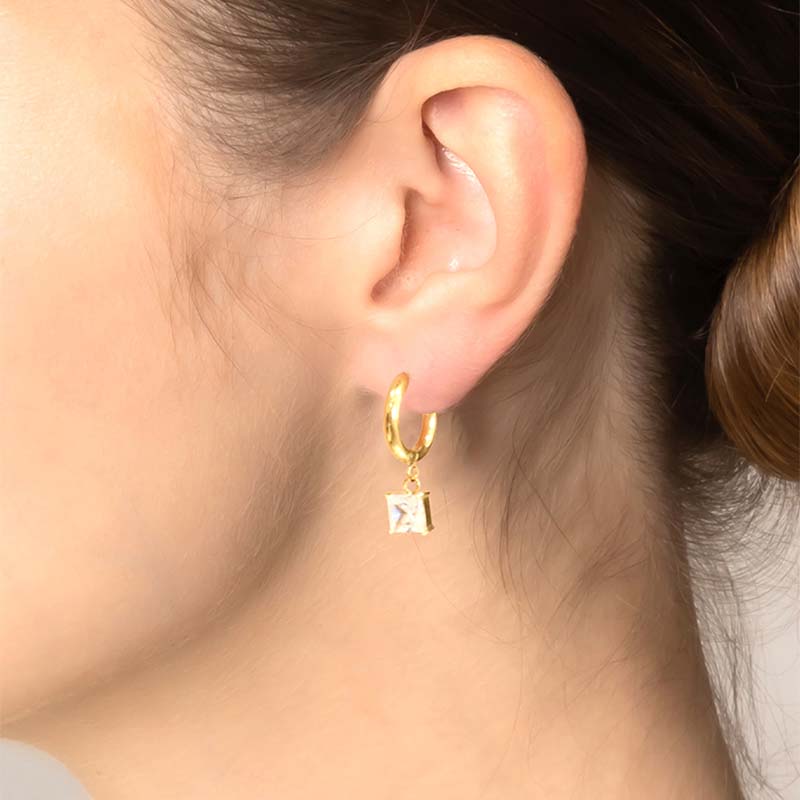 Gold Huggie With Square Drop Earrings