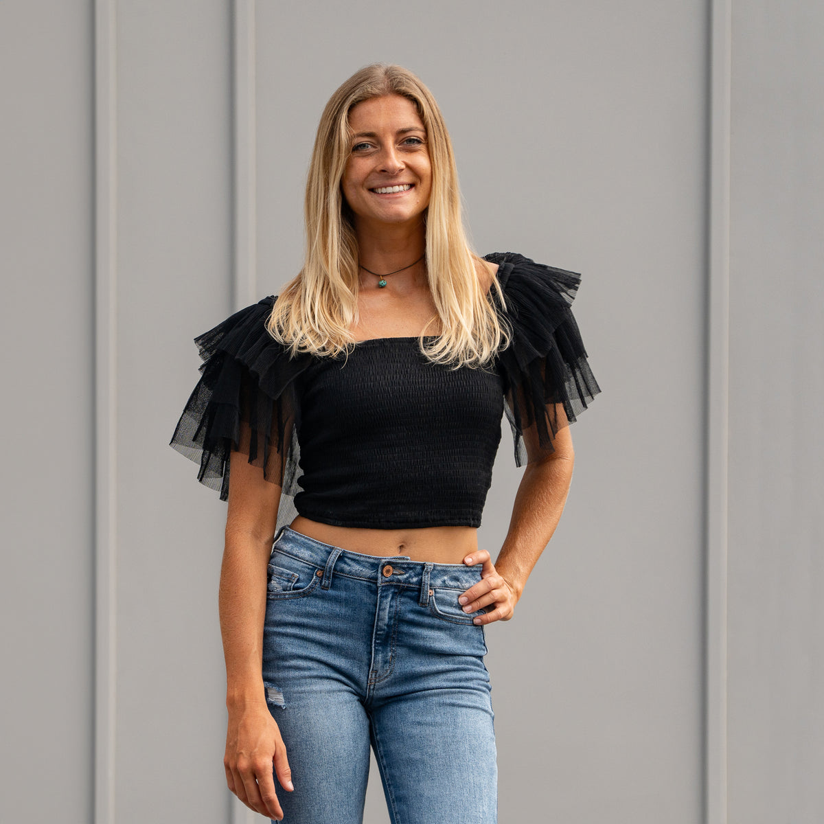 Short Sleeve Tulle Crop Top