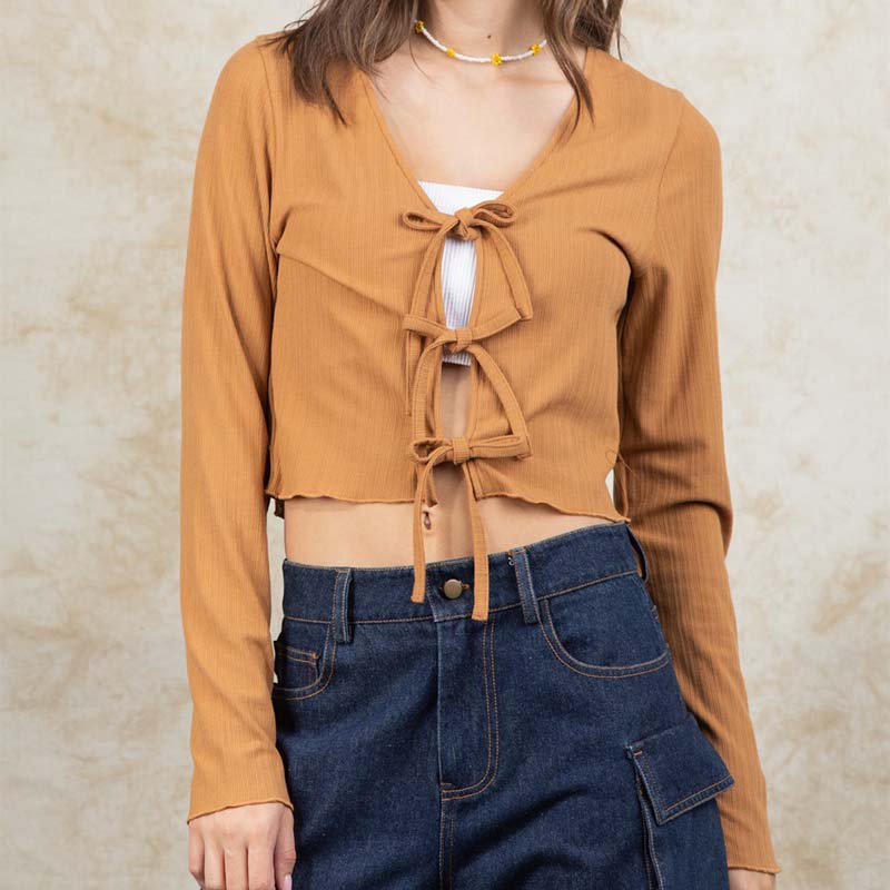 Tie Front Long Sleeve Crop Top in camel