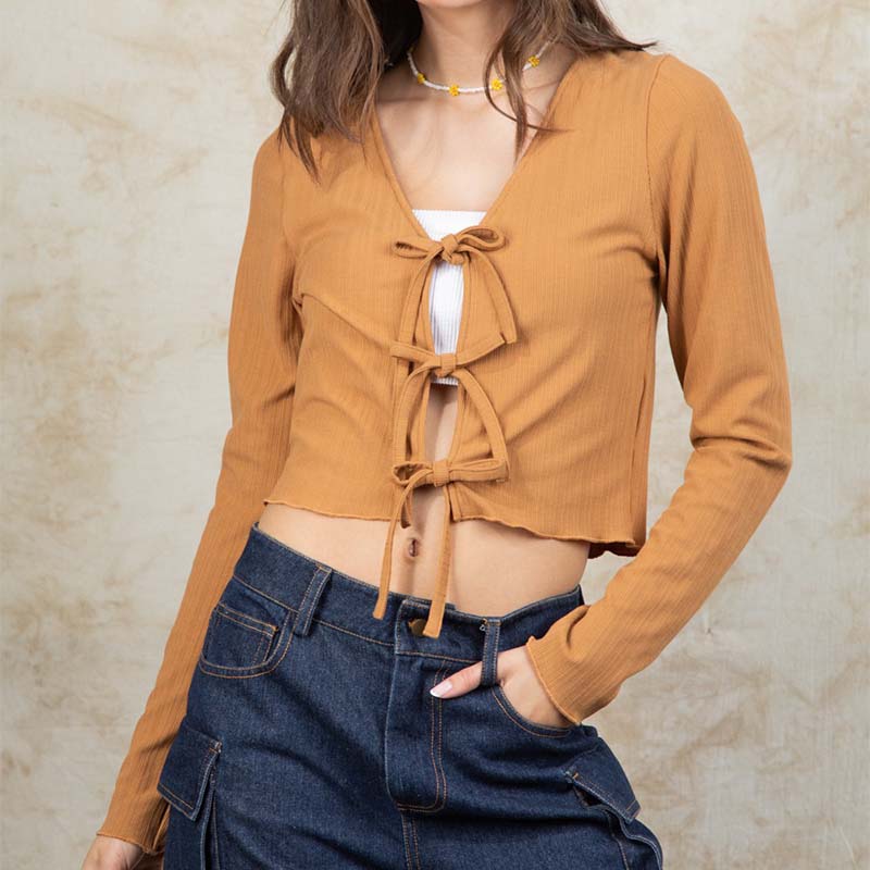 Tie Front Long Sleeve Crop Top in camel