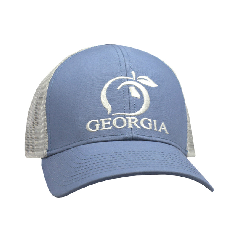 light blue Georgia Peach Mesh Back Trucker Hat with white stitching