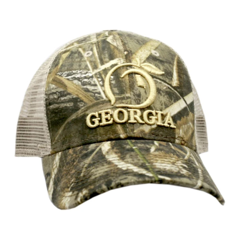 camo Georgia Peach Mesh Back Trucker Hat with begie stitching