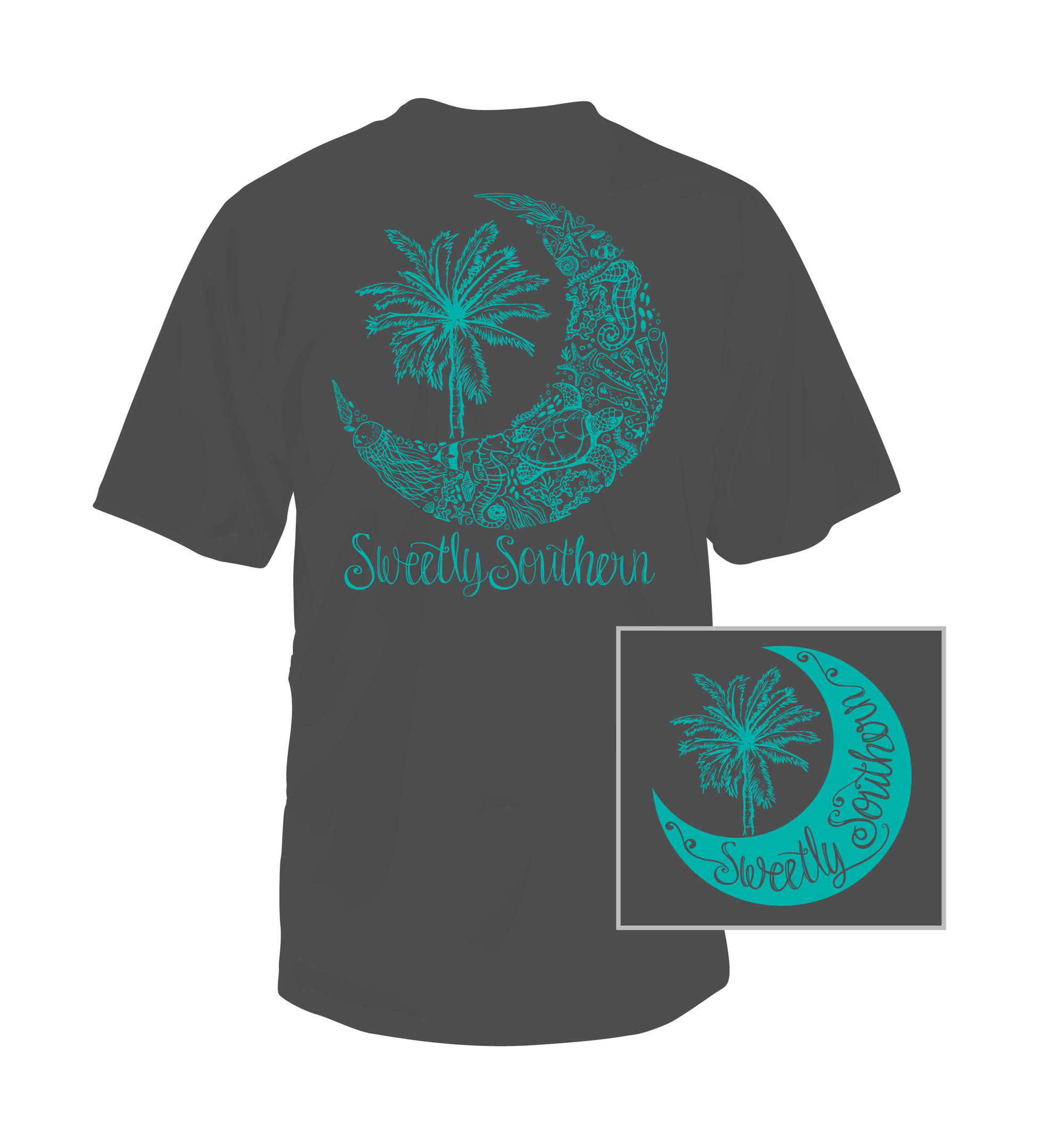 Dark Grey t-shirt with Coastal Moon in teal